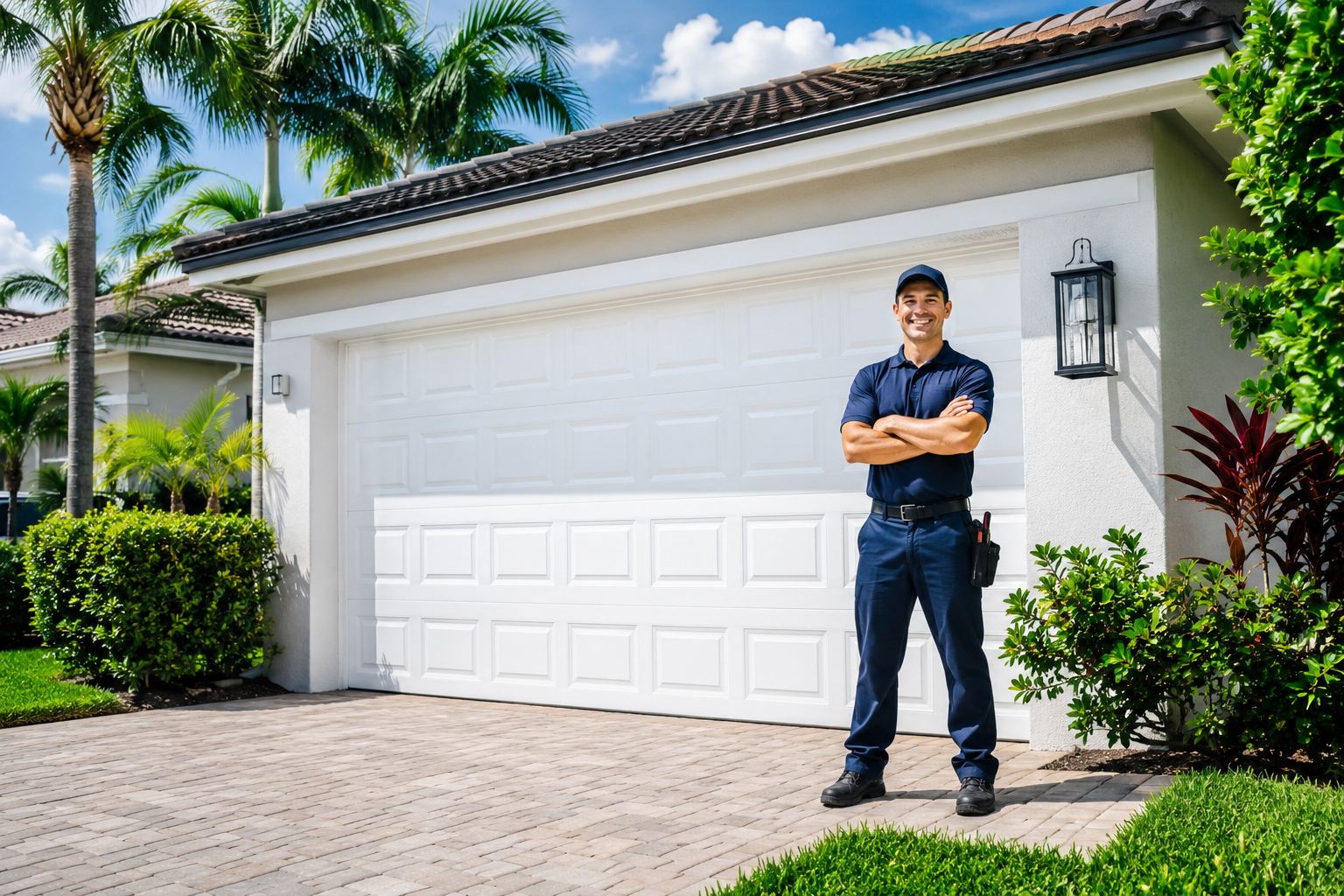Garage door repair technician servicing a home in Plantation, FL